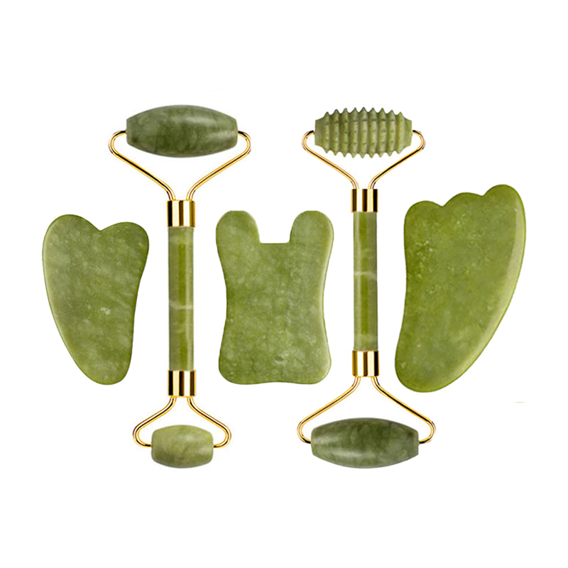 Jade Gua Sha Tool - 天然翡翠ローラーかっさマッサージセットかっさボードコームガッシュスクレーパーボディ鍼スパフェイシャルアンチエイジングリフティングツール